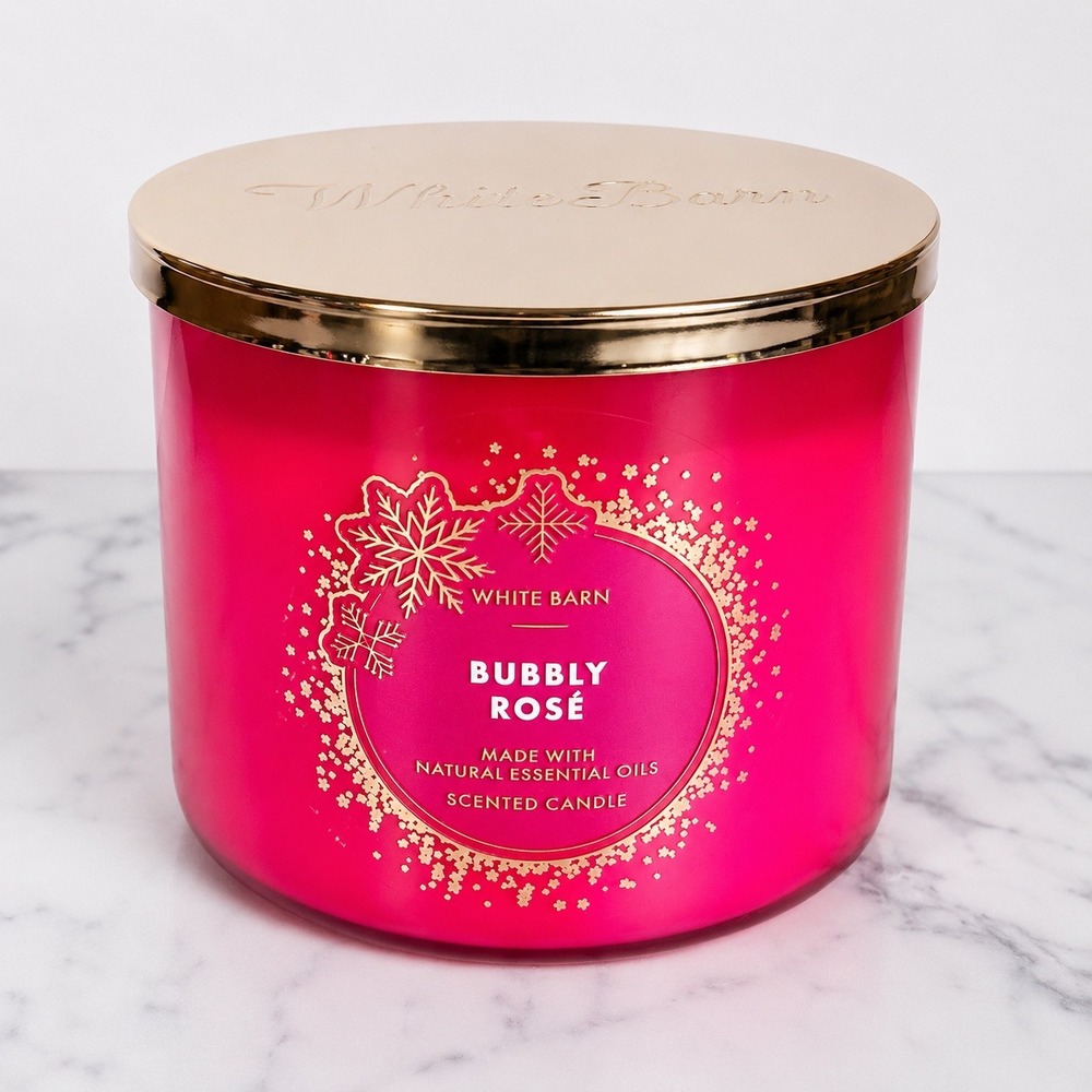 Bath & Body Works, New, Bubbly Rose 3 Wick Scented Essential Oil Candle